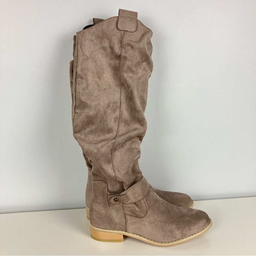 Slouchy Knee High Boots Taupe Faux Suede Low Heel Riding Boho Western Sz 37 6.5